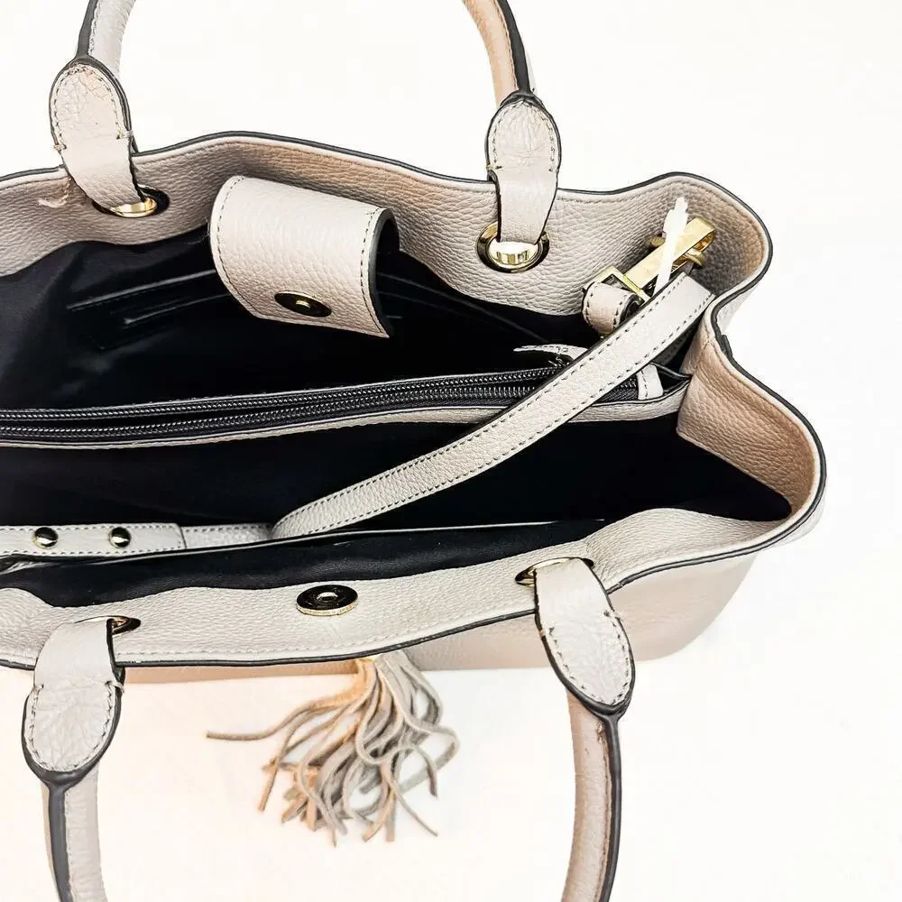 Milly Gray Crossbody Leather Tote Handbag Gray Tassel Front Pocket Details